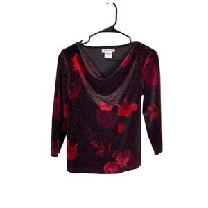 Dressbarn Y2K Floral Velvet Glittery Blouse Women’s Small – Cowl Neck Top